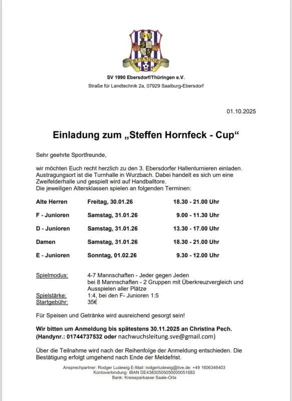 3. Steffen- Hornfeck Cup vom 30.01.-01.02.2026 - die Teilnehmer stehen fest!