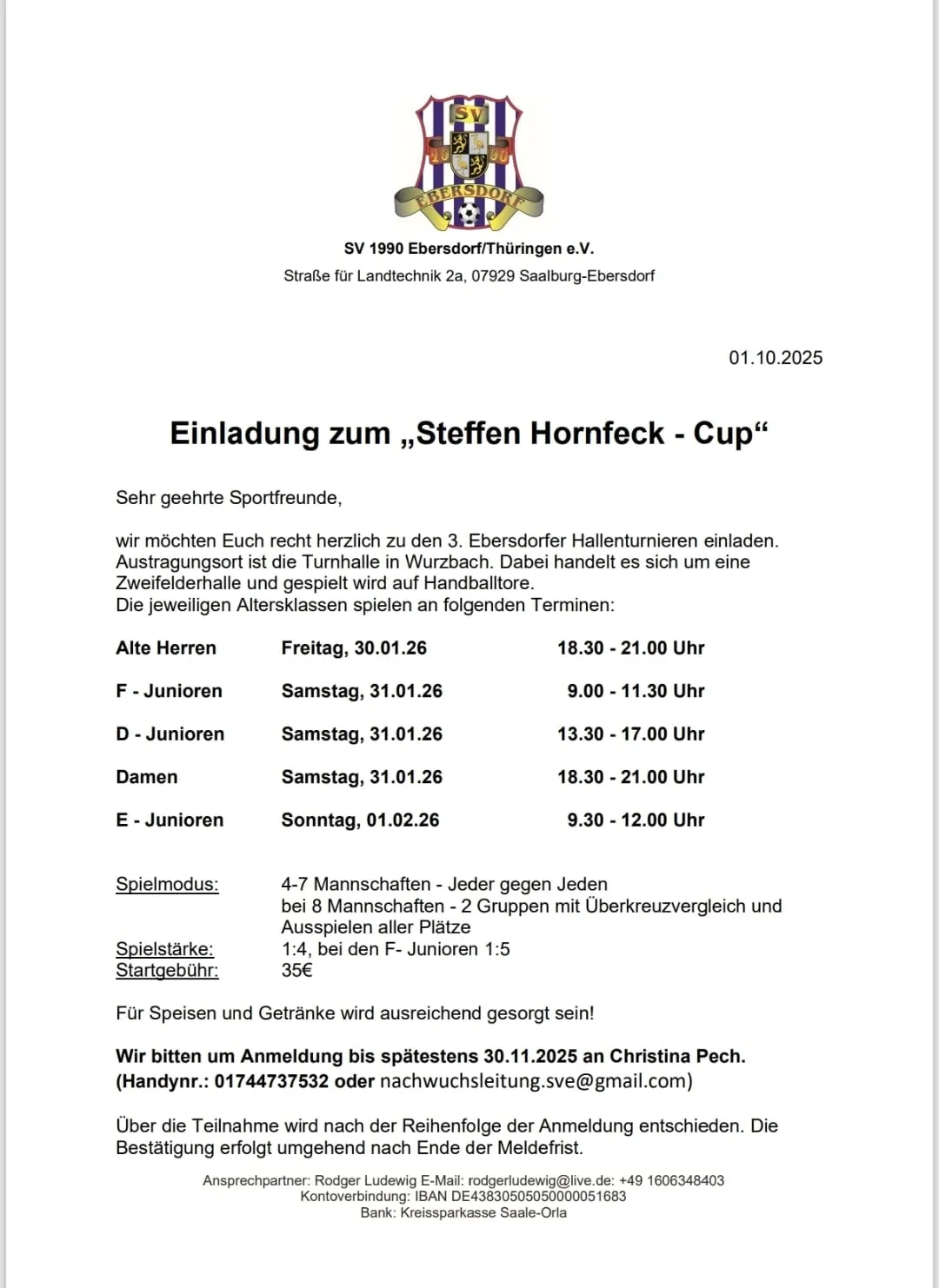 3. Steffen- Hornfeck Cup vom 30.01.-01.02.2026 - die Teilnehmer stehen fest!
